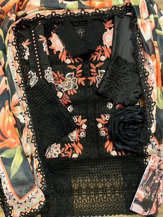 Mushq Luxury Lawn Suit with Silk Dupatta & Schiffli Embroidery